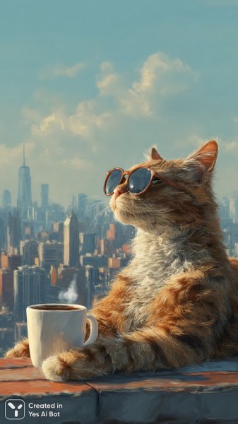 Кошка с кофе на крыше: фотореалистичная картина в стиле Деинеки. Изображение из нейронной сети Миджорни