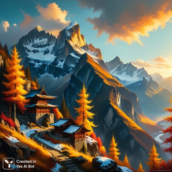 Осенний пейзаж: величественная долина среди горных вершин. Изображение из нейросети Stable Diffusion