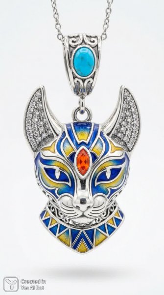 Серебряный кошачий кулон в египетском стиле с яркими акцентами эмали и кристаллами. Картинка из нейронной сети Нано Банана