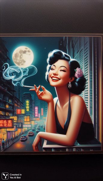 Гонконгская красавица в стиле пин-ап: Ночная романтика и неоновые огни. Генерация из нейронной сети Dalle