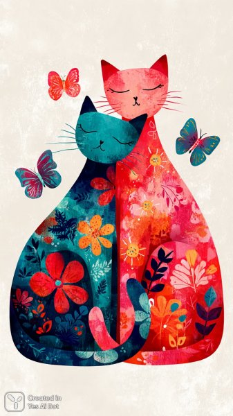 Весёлые котики в цветочном лугу: детская иллюстрация с яркими красками и нежным дизайном. Нейронная сеть Midjourney