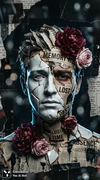 Фрагменты памяти: фарфор, газеты и эфемерные цветы в сюрреалистичном портрете. Изображение из нейронной сети Nano Banana