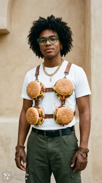 Подробнее о "Модный образ с булочками и уверенностью. Картинка из нейросети Nano Banana"