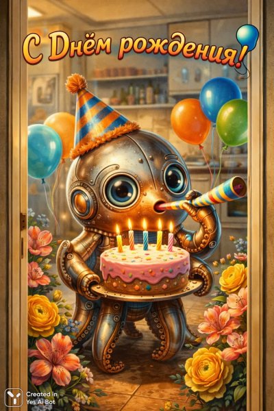Осьминог-именинник: Праздничное настроение и вкусный торт. Изображение из нейросети Sora Images