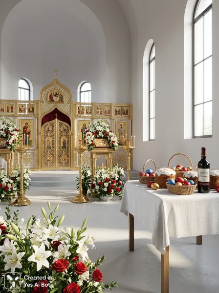 Пасхальное великолепие: торжество света и духовности в православном храме. Картинка из нейронной сети NanoBanana