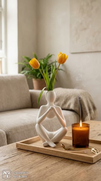 Уютная скандинавская композиция с цветами и свечой. Изображение из нейросети Nano Banana