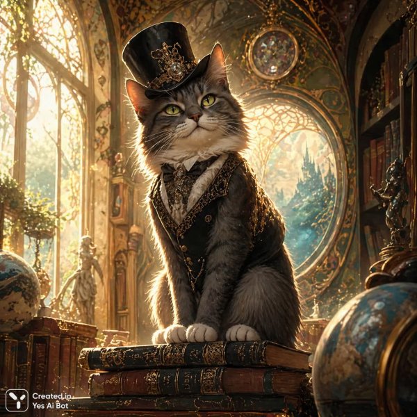 Кот в библиотеке: волшебный портрет в стиле Муха и Рутковски. Генерация из нейросети Sora