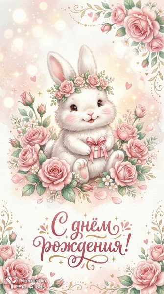 Зайчик в розах: нежная открытка ко дню рождения с праздничным настроением и романтикой. Изображение из нейросети Nano-Banana