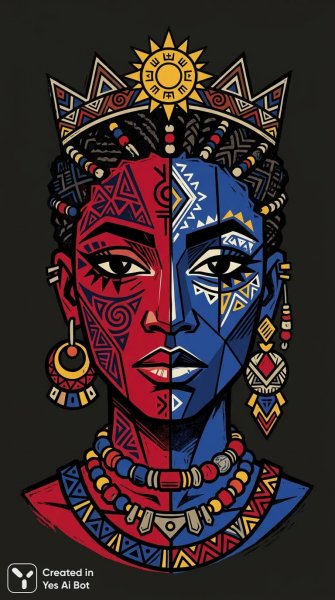 Подробнее о "Лицо в двух цветах: этнический портрет в стиле линогравюры. Изображение из нейронной сети Нано Банана"