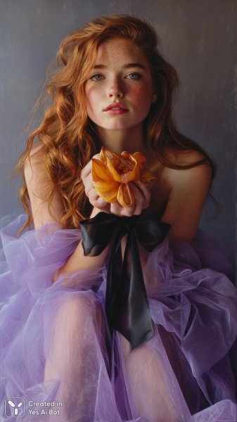 Очаровательная девушка с огненными волосами и нежным платьем в лучах света. Генерация из нейронной сети Midjourney