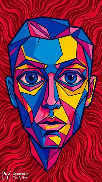 Геометрическое лицо в ярких тонах и глубоком красном фоне. Изображение из нейросети NanoBanana