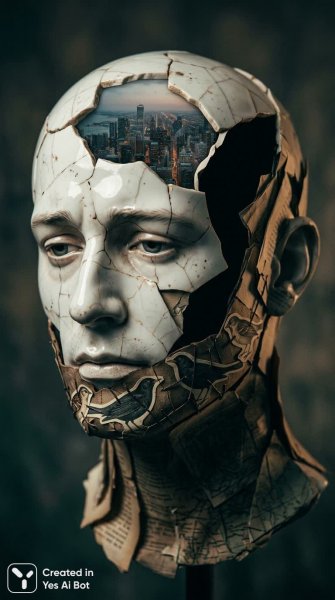 Фрагментарный портрет: фарфор, бумага и городские размышления. Картинка из нейронной сети NanoBanana