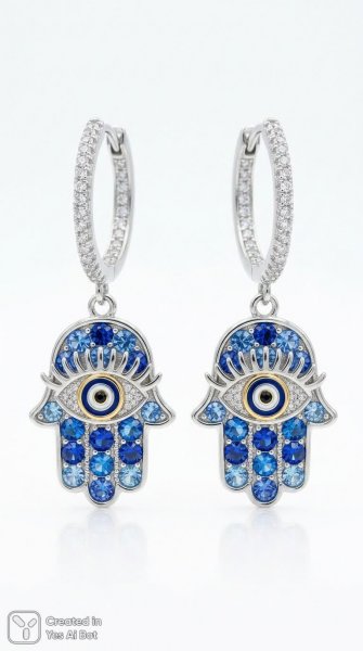 Серебряные серьги с амулетами руки Фатимы и ока глаза. Изображение из нейросети Нано Банана