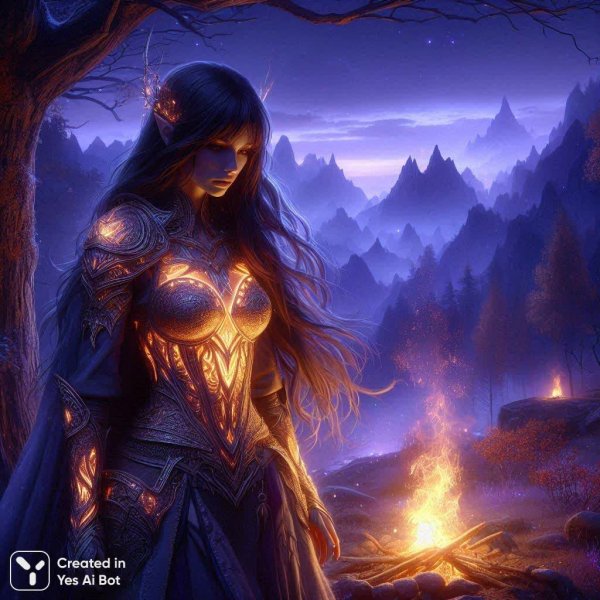 Сумерки над горным хребтом: девушка-воительница и ночной костер. Изображение из нейронной сети Dalle 3