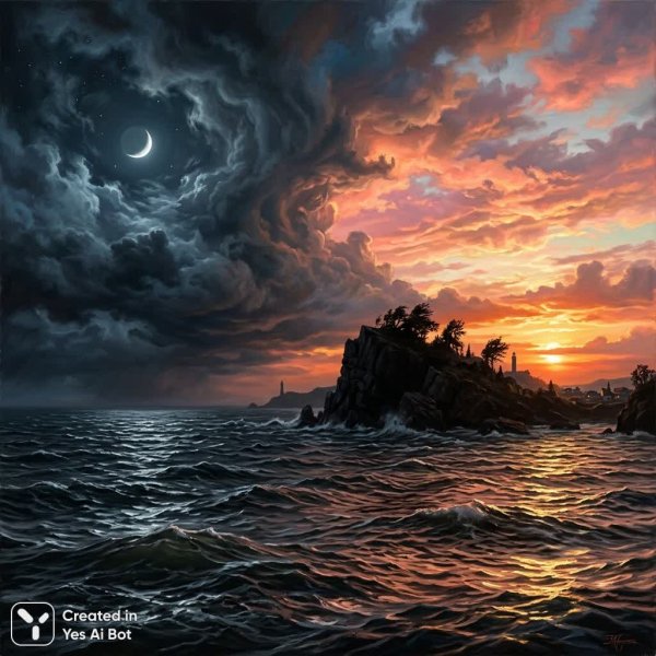 Разделенное небо: буря и закат в морском пейзаже. Генерация из нейросети Nano Banana