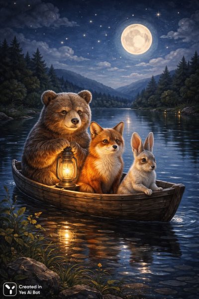 Подробнее о "Ночная сказка о друзьях на озере под луной и падающими звездами. Генерация из нейросети Sora Images"