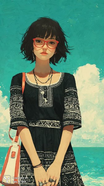 Девушка в стильном образе на фоне морского пейзажа и зелени. Картинка из нейронной сети Миджорни