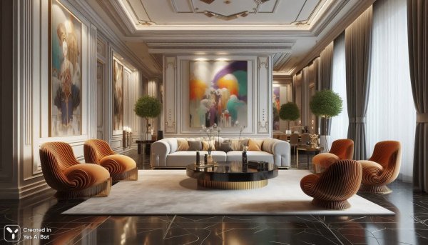 Дофаминовый интерьер: гармония современного искусства и мидсенчури. Изображение из нейронной сети Dalle 3