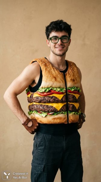 Подробнее о "Модный бунт: гамбургерный стиль и уверенность молодого человека. Картинка из нейронной сети NanoBanana"