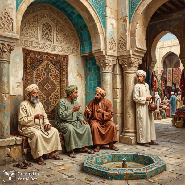 Мудрые беседы в ближневосточном внутреннем дворе: оживлённая сцена из жизни. Изображение из нейронной сети NanoBanana