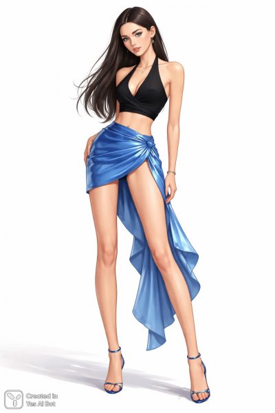 Иллюстрация моды: стройная девушка в синем саронг и туфлях на каблуках. Картинка из нейронной сети Sora Image