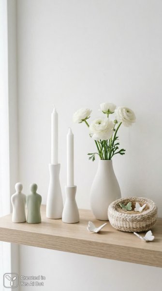 Минимализм и нежность: керамика, свечи и цветы в светлых тонах. Генерация из нейронной сети NanoBanana