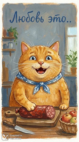 Очаровательный котик и аппетитная колбаска. Генерация из нейронной сети Nano-Banana