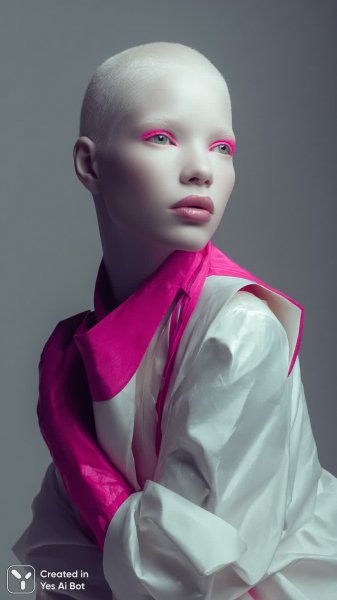 Альбино в свете софитов: смелый портрет высокой моды и архитектурных линий. Картинка из нейронной сети Midjourney