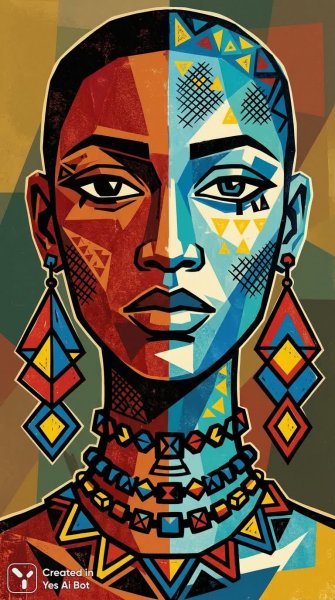 Яркий этнический портрет: разделенное лицо и контрастные цвета. Изображение из нейросети NanoBanana
