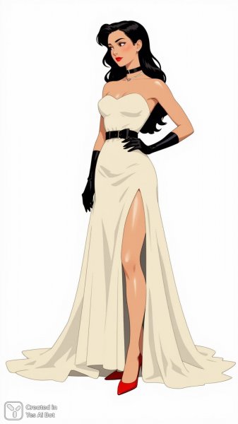 Изысканный образ: вечернее платье с разрезом и черной лентой. Изображение из нейросети Flux Ai