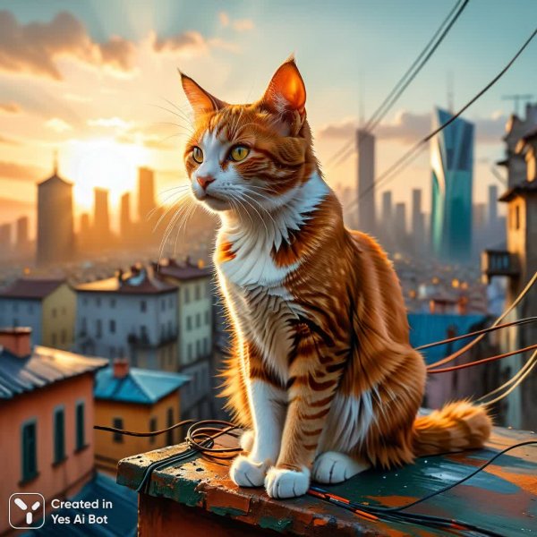 Кошка на крыше: городской пейзаж в стиле импрессионизма. Изображение из нейросети Stable Diffusion
