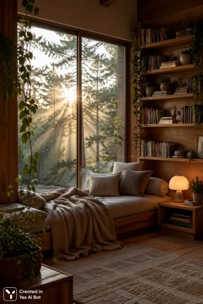 Рассвет в деревянной комнате: уют, книги и панорамный вид на лес. Генерация из нейронной сети Sora images Ai