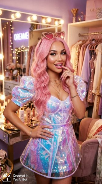 Уверенная блондинка в стиле поп-сюрреализма: гламур и самовыражение в стильной переодевалке. Генерация из нейронной сети Nano-Banana