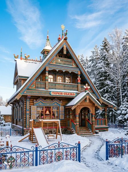 Яркий зимний пейзаж: сказочный дом в народном стиле. Картинка из нейросети Nano-Banana