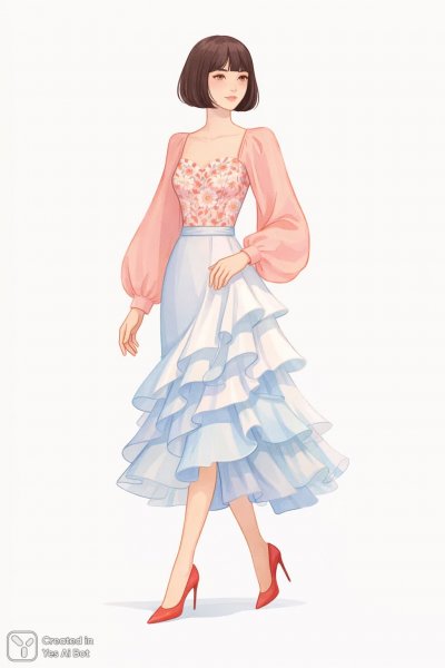 Элегантный образ в розовом и синем сочетании. Изображение из нейросети Sora Image