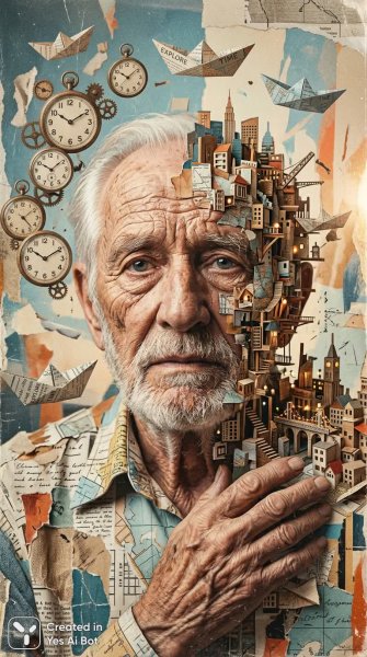 Растаявший старик и миниатюрный город: сюрреалистический портрет в стиле авангарда. Генерация из нейросети Nano-Banana
