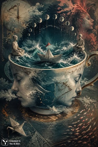 Чайная чашка и бушующее море: сюрреалистическая поэзия в красках и формах. Нейросеть Sora Image