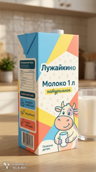 Молоко для семьи: яркий дизайн упаковки с коровкой и полезными деталями. Нейронная сеть NanoBanana