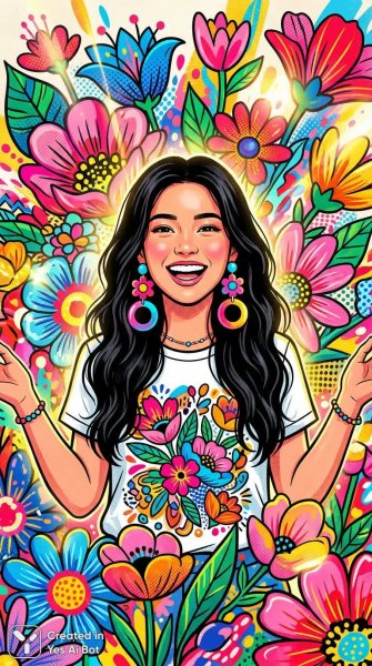 Яркая девушка в поп-арте среди буйства красок и цветов. Генерация из нейронной сети Nano Banana