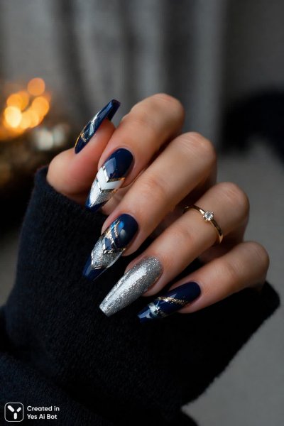 Глиттерная геометрия на ногтях: элегантный образ с акцентом на детали и уютный фон. Нейросеть Sora images Ai