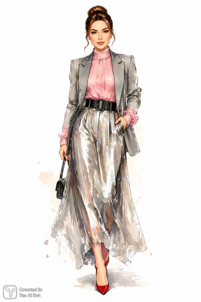 Элегантный образ с блейзером и яркой юбкой в стиле ретро. Картинка из нейронной сети Sora Images