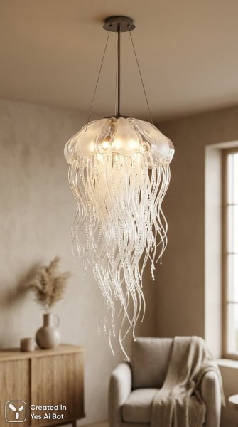 Изящная люстра-медуза: современный акцент интерьера и уютное освещение. Картинка из нейронной сети Nano Banana