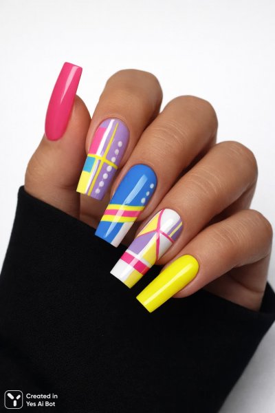 Яркий поп-арт маникюр с неоновыми акцентами и геометрическими узорами на квадратных ногтях. Генерация из нейронной сети Sora Ai Images