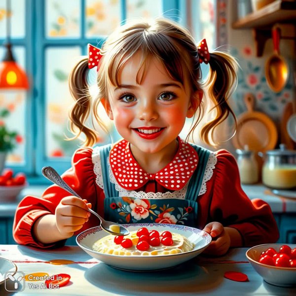 Радость детства: русская девочка наслаждается любимым блюдом. Генерация из нейросети Stable Diffusion