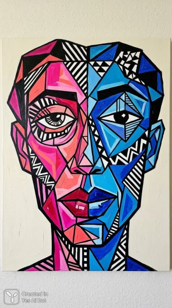 Геометрическое лицо в стиле абстрактного кубизма и ярких цветах. Генерация из нейросети NanoBanana