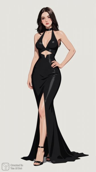 Элегантный образ: черное платье с разрезом и высоким каблуком. Картинка из нейронной сети Flux Ai