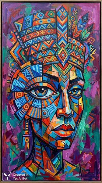 Яркий абстрактный портрет в кубистическом стиле с этническими мотивами и геометрией. Нейронная сеть NanoBanana