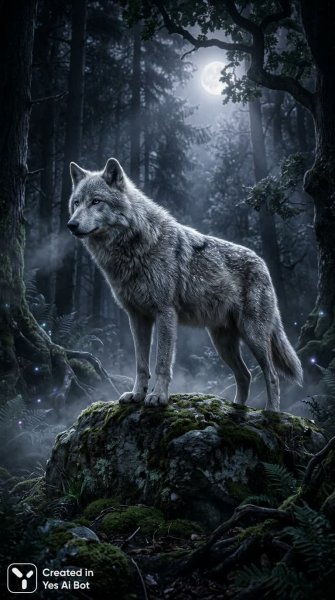 Серебряный волк в лунном свете древнего леса: воплощение силы и одиночества. Картинка из нейронной сети Nano Banana