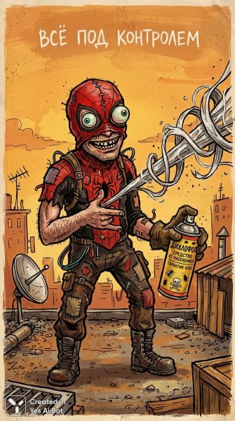 Сюрреалистичный мем с человеком и паутиной надежно контролирует ситуацию. Генерация из нейросети Нано Банана