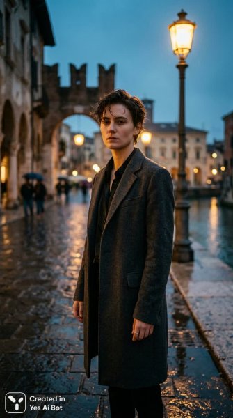 Загадочный образ на фоне старинной Вероны в сумеречном свете. Генерация из нейронной сети Nano Banana